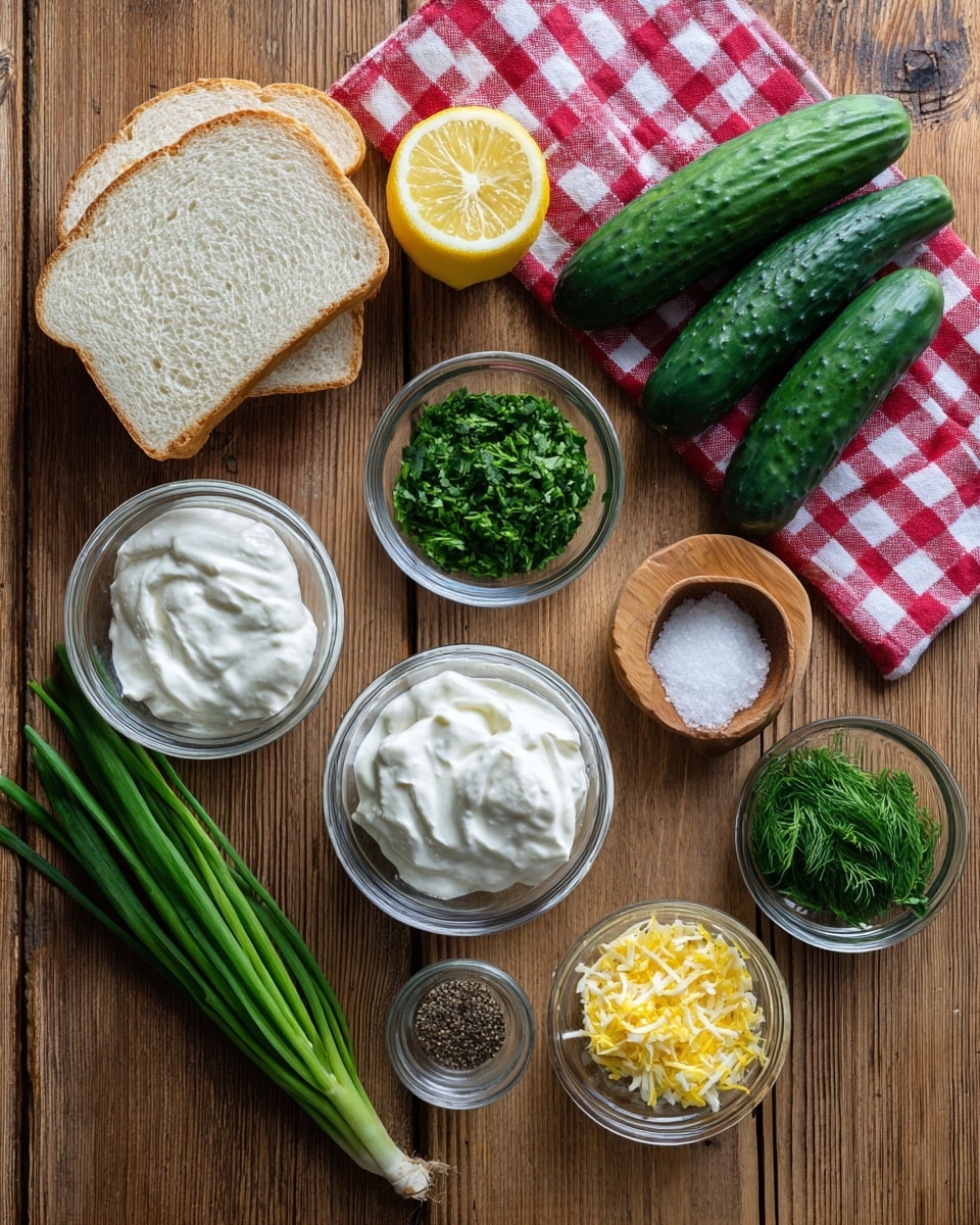 The image shows a wooden surface with several ingredients neatly arranged: three small glass bowls with white creamy and soft textures, one with green chopped herbs, one with white powder, and another with a clear liquid. There are three dark green cucumbers, one half lemon with a bright yellow color, a slice of white bread, a small bunch of fresh green onions, a small wooden container with black pepper and white salt, and two small glass bowls with finely shredded yellow zest and chopped green dill. In the top right corner, there is a red and white checkered cloth placed on the wooden surface. photo taken with an iphone --ar 4:5 --v 7