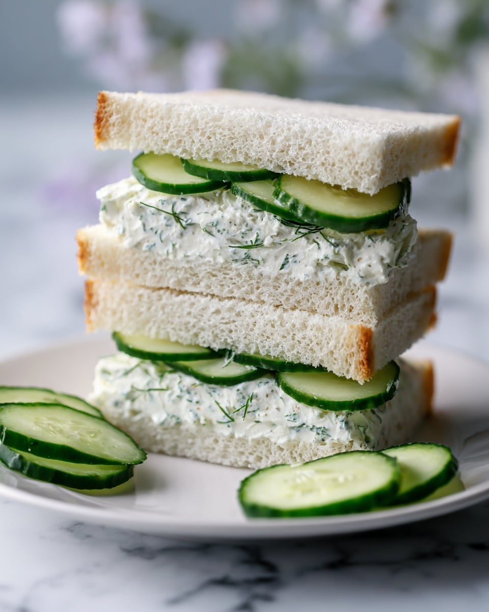 The image shows a close-up of a stack of three layers of soft white bread sandwiches, each filled with thin slices of green cucumber and a creamy white spread mixed with small green herbs. The sandwich is neatly cut with visible layers of cucumber and spread between the bread. The sandwich sits on a white plate, and in the foreground, there are a few slices of fresh cucumber scattered on a white marbled surface. The background is softly blurred, focusing on the sandwich layers. Photo taken with an iphone --ar 4:5 --v 7