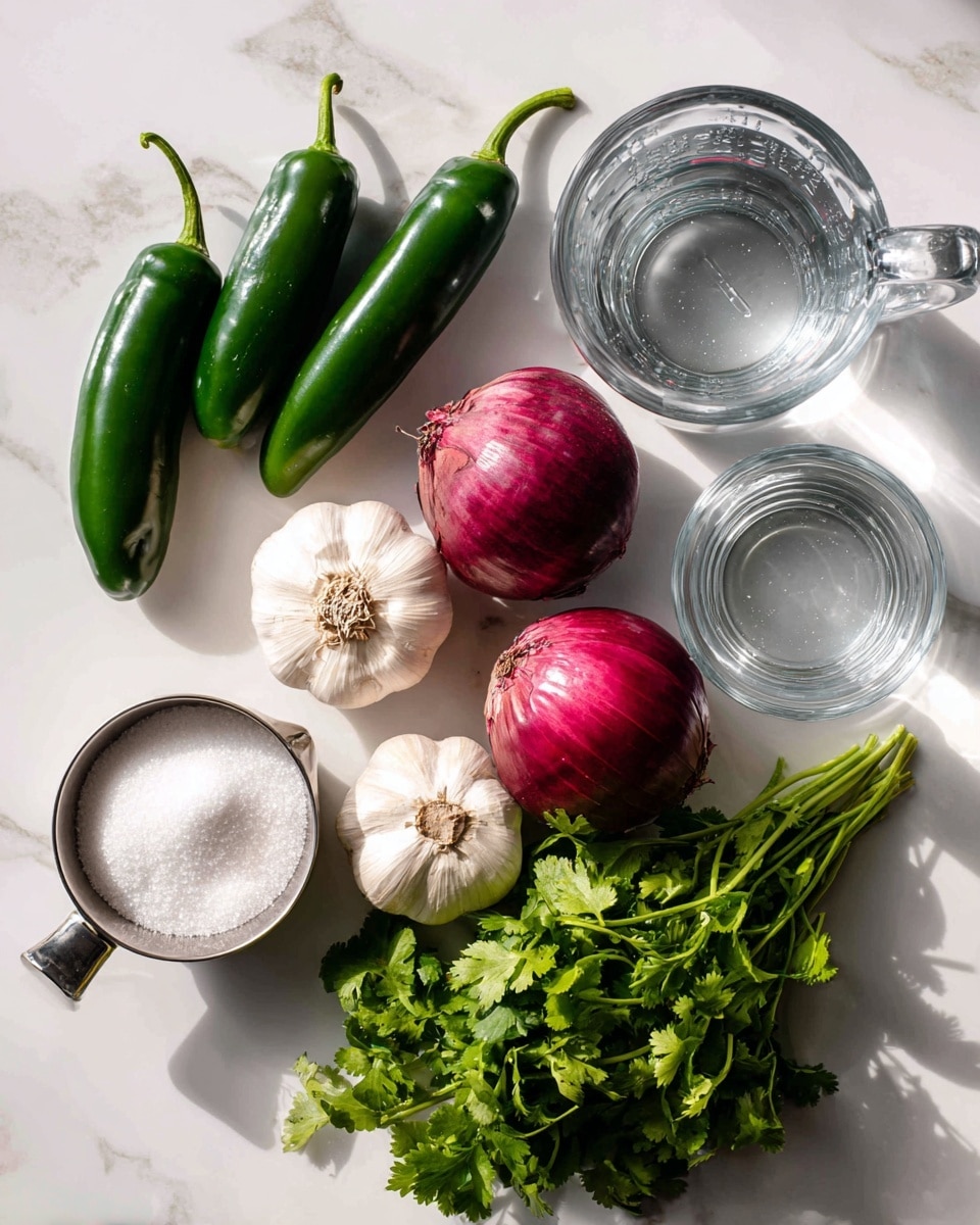 The image shows fresh cooking ingredients arranged on a white marbled surface. There are three green jalapeño peppers positioned near the top left side. To the right, there is a clear glass measuring cup filled with water, and next to it is a smaller clear glass cup also with water. Below the peppers are two red onions with a shiny, smooth texture, and to their left are three bulbs of white garlic with a slightly rough outer skin. At the bottom left, there is a metal measuring cup filled with white granulated sugar. On the bottom right side, there is a large bunch of fresh green cilantro with leafy stems spread lightly. The lighting is bright and natural, highlighting the fresh textures and colors. photo taken with an iphone --ar 4:5 --v 7