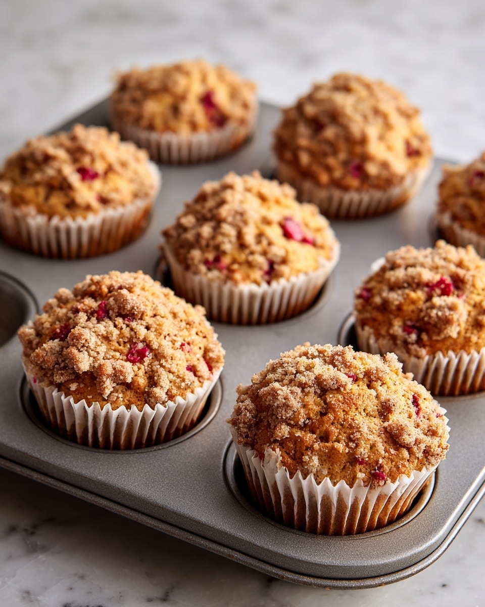 The image shows a metal muffin tray with nine muffins in white parchment paper liners, placed on a white marbled surface. Each muffin has a golden brown color with a rough texture and is topped with small red pieces mixed inside. The tops have crumbly streusel topping with a light brown color that contrasts with the moist muffin beneath. The muffins are evenly spaced in the tray, with two empty slots visible in the foreground. The lighting is soft, highlighting the texture and color of the muffins clearly. Photo taken with an iphone --ar 4:5 --v 7