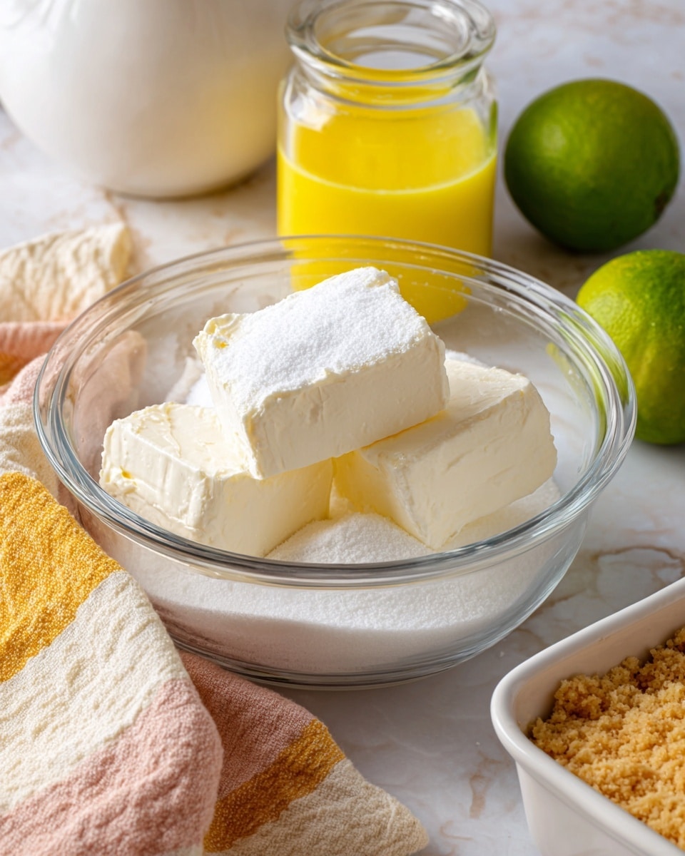 The image shows a clear glass bowl with three layers inside: a base of white granulated sugar, topped with two thick blocks of cream cheese that have a soft, smooth texture and a bright white color. Behind the bowl, there is a small jar filled with bright yellow sauce or dressing on a white marbled surface, beside two whole green limes with a smooth, shiny peel. Nearby, there's a white ceramic pitcher, and in the bottom right corner, part of a white rectangular pan with a golden crumbly crust is visible. In front is a small white bowl filled with thick white whipped cream on a white marbled surface, and underneath the glass bowl, a striped kitchen towel with mustard yellow, light pink, and beige stripes lies flat. photo taken with an iphone --ar 4:5 --v 7