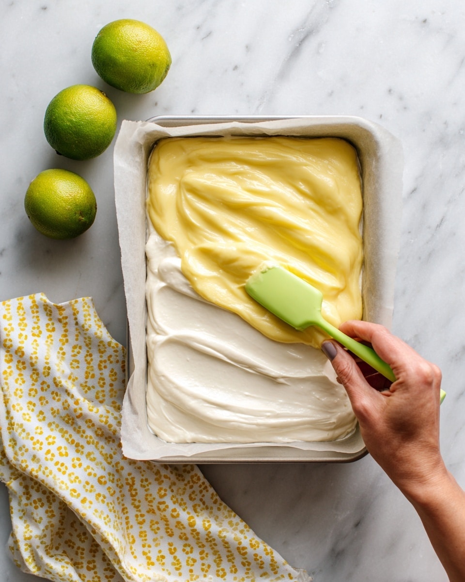 A rectangular glass dish lined with parchment paper holds two smooth layers; the bottom layer is a thick, white cream spread evenly across the dish, and the top layer is a shiny, yellow mousse-like mixture being spread over the white base by a woman's hand holding a small green spatula. In the background on the white marbled surface, there are two whole green limes and a yellow and white patterned cloth with small dots and stripes. photo taken with an iphone --ar 4:5 --v 7