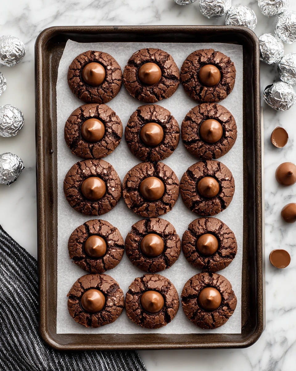 A dark brown tray holds a layer of white parchment paper with 14 small, round chocolate cookies evenly spaced on top. Each cookie has a cracked, textured surface showing a deeper brown color, with a single smooth, lighter brown chocolate kiss placed exactly in the center, slightly sunk into the cookie. The tray sits on a white marbled surface, and nearby is a black and white striped cloth partially visible on the right side, with some silver-wrapped chocolates scattered at the top left corner. Photo taken with an iphone --ar 4:5 --v 7