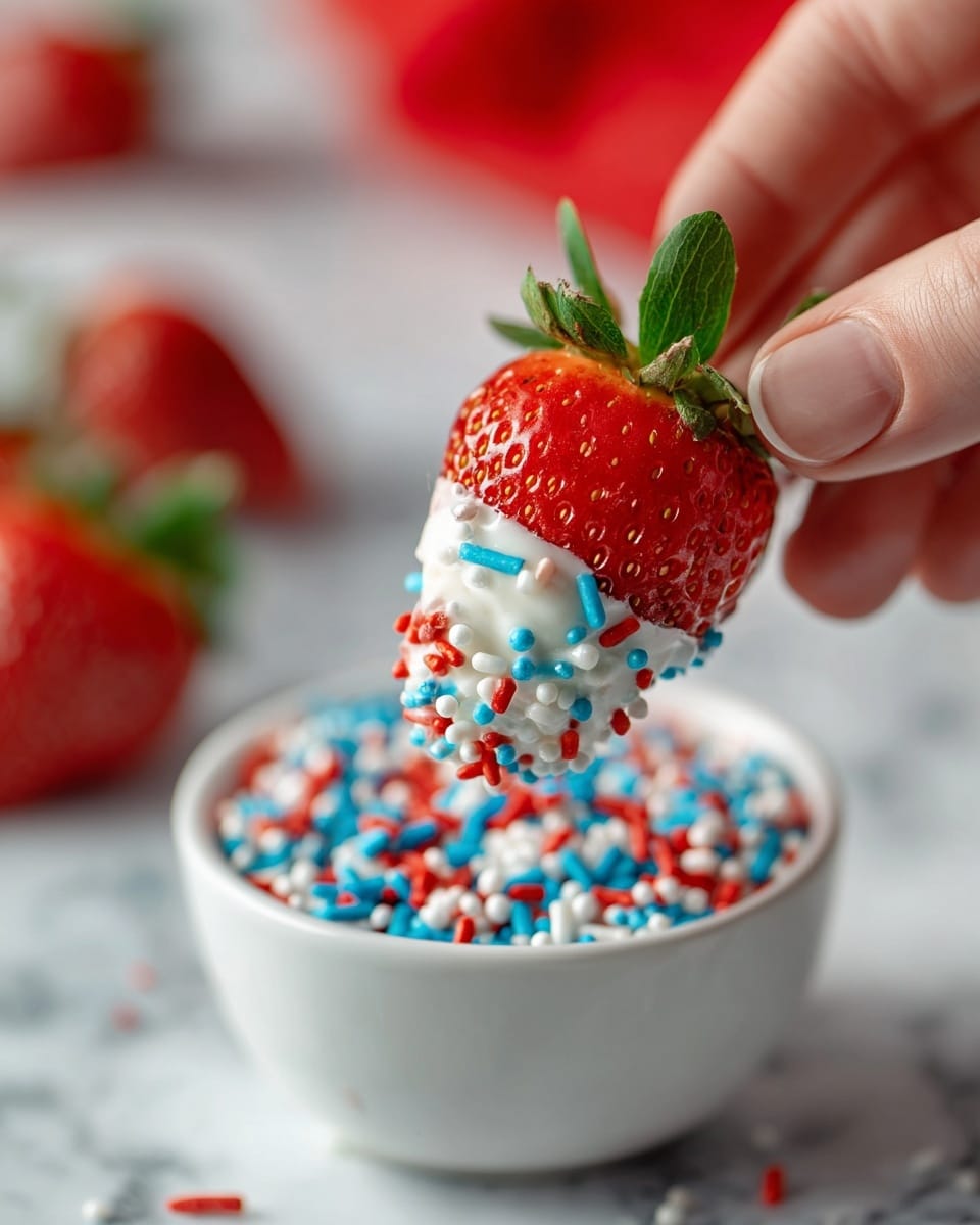 A fresh red strawberry is held by a person's fingers showing the green leaf top. The strawberry is dipped halfway into a white creamy layer, which is then coated with small round sprinkles in red, blue, and white colors. The strawberry is positioned above a white bowl filled with the same red, blue, and white sprinkles. The background features a white marbled texture surface with a blurred red object in the far background. photo taken with an iphone --ar 4:5 --v 7