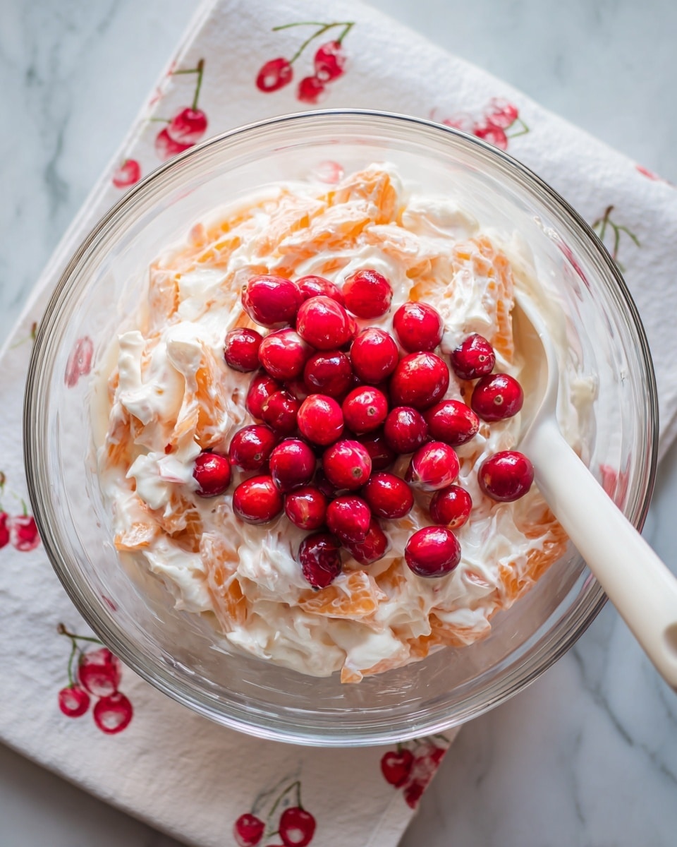 A clear glass bowl sits on a white marbled surface with a white cloth that has red cherries and green stem patterns nearby. Inside the bowl, there is a creamy mixture with white and light orange pieces, likely fruit, coated in a thick white sauce. On top of this mixture, there is a pile of small, shiny, bright red cherries scattered in the center. A white spatula rests inside the bowl on the right side, partially covered in the mixture. The colors are bright and fresh, showing a mix of white cream, orange slices, and vivid red cherries. photo taken with an iphone --ar 4:5 --v 7