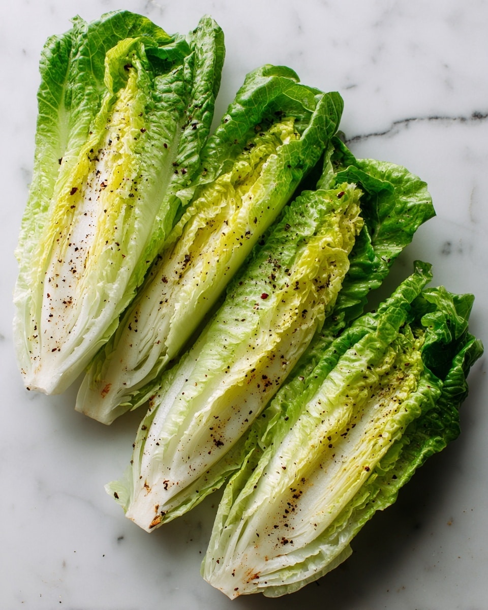 Four halves of light green romaine lettuce are arranged side by side on a flat black surface, each showing its inner layers. The lettuce layers start with crisp, pale white thick ribs moving inward to light yellow tender leaves, and finally to deeper green outer leaves that are ruffled and fresh. The flat side of each lettuce half is sprinkled evenly with small black pepper bits and a light shine from a thin layer of oil. The whole scene is set on a white marbled texture. photo taken with an iphone --ar 4:5 --v 7