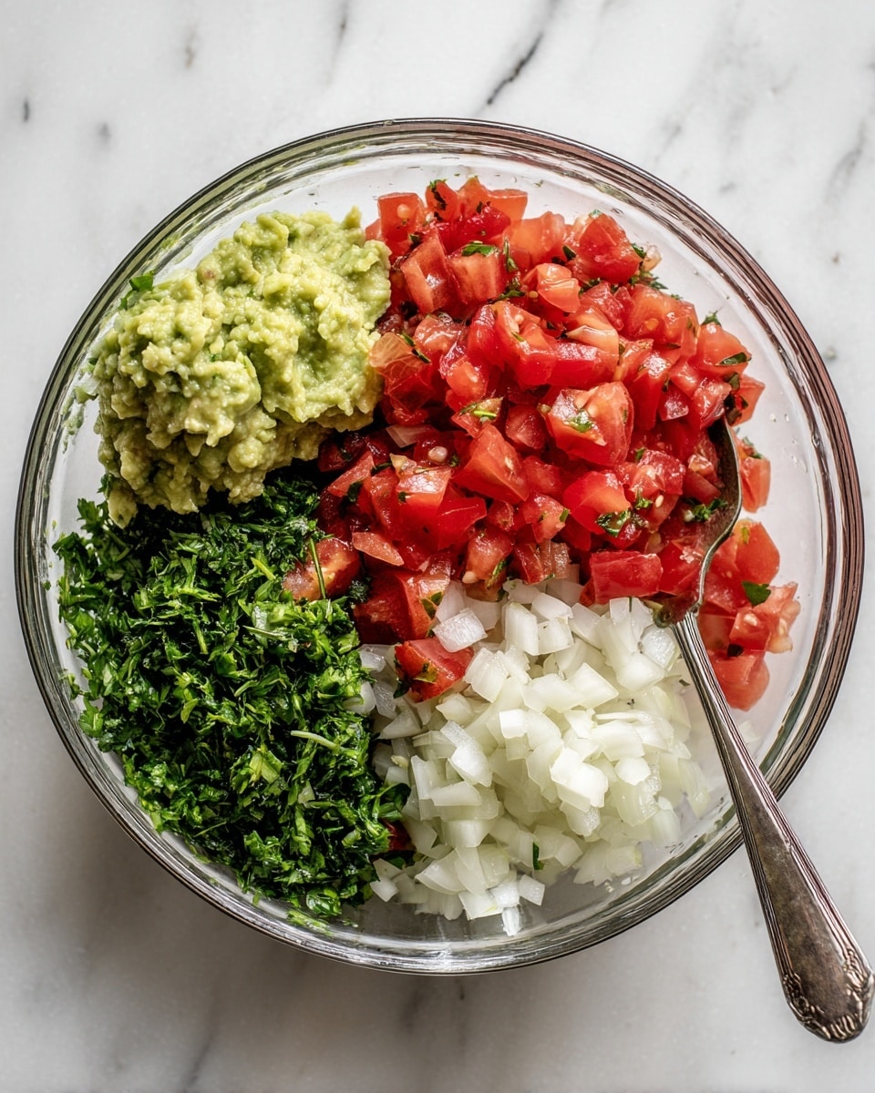 A clear glass bowl sits on a white marbled surface, filled with four main ingredients divided into sections. On the top right is a heap of small white chopped onions, with a soft texture. Below that, bright red diced tomatoes are piled next to the onions, showing fresh and juicy pieces. To the left of the tomatoes, finely chopped dark green herbs create a dense layer. Above the green herbs, there is a small amount of light green mashed avocado or guacamole, with a smooth and chunky texture. A silver spoon rests inside the bowl near the tomatoes. photo taken with an iphone --ar 4:5 --v 7