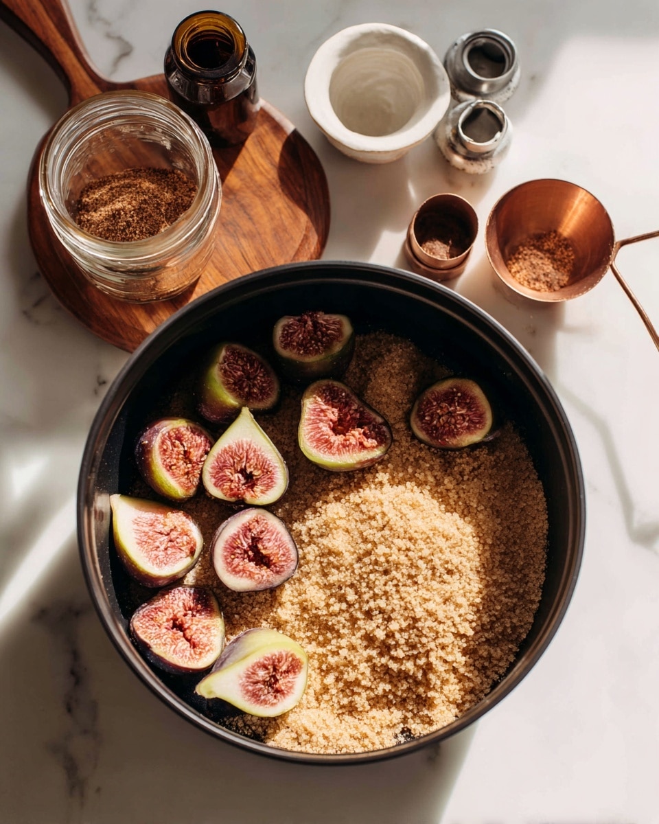 Inside a black pot, there are two piles of light brown sugar on the right side and many small halves of figs showing pinkish centers with greenish-yellow skins scattered beneath and around the sugar. The pot is sitting on a white marbled surface. On the upper left side of the image, there is a wooden board holding a small jar of brown powder, two metal measuring cups stacked together, an opened small white dish, a small dark bottle, and a copper measuring spoon. The scene is bright with natural light shining on the ingredients. Photo taken with an iphone --ar 4:5 --v 7