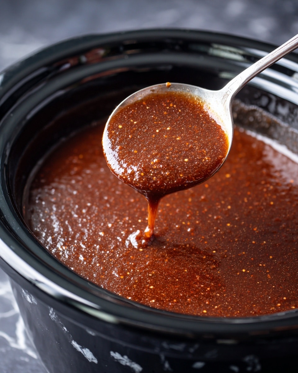 The image shows a close-up of a slow cooker filled with a thick, dark brown sauce that has a smooth but slightly textured surface. A metal spoon lifts some of the rich sauce, showing a shiny, dense, and slightly grainy texture. The sauce layers inside the slow cooker are uniform in color, deep brown with small specks visible throughout. The slow cooker is black with a white marbled surface underneath. photo taken with an iphone --ar 4:5 --v 7