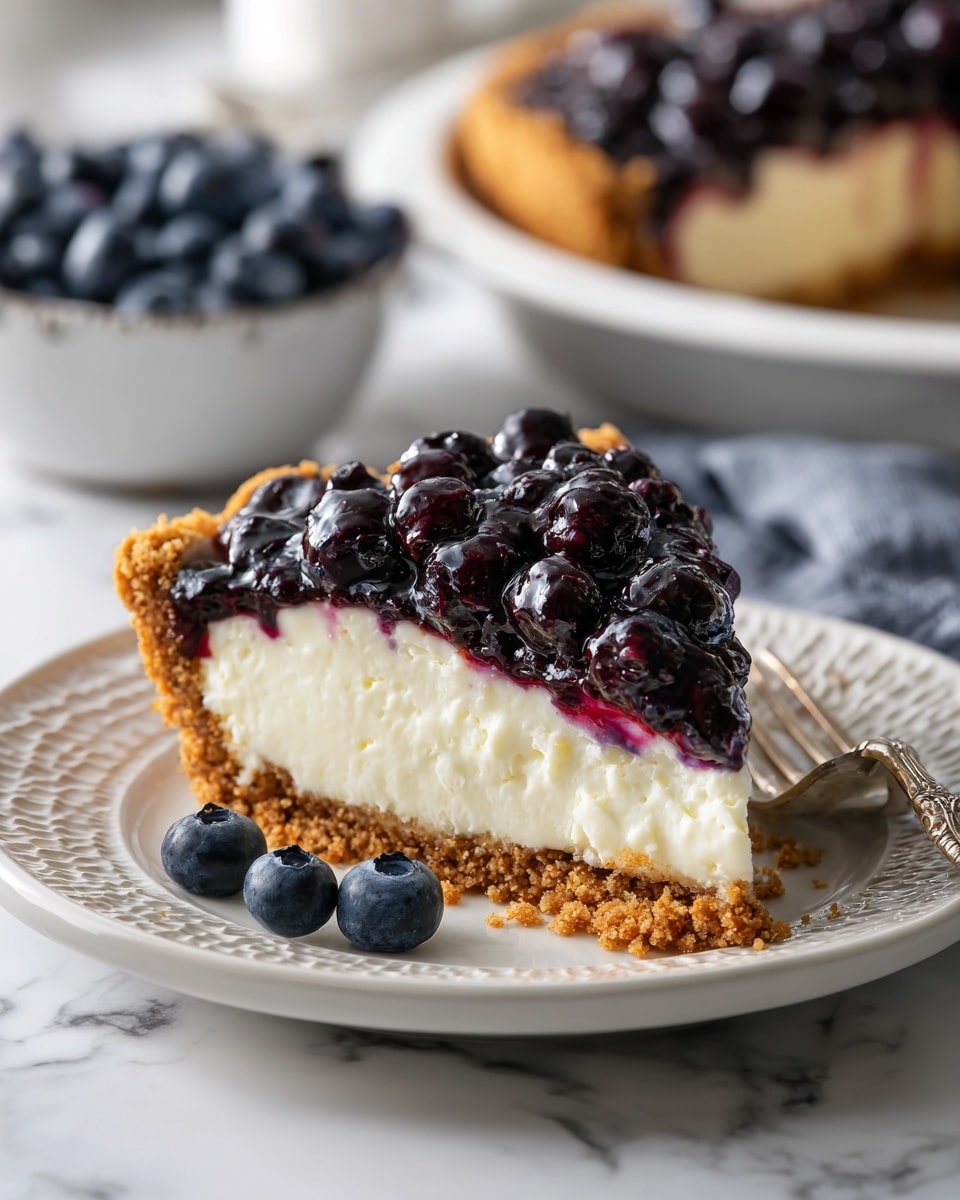 A slice of blueberry cheesecake pie on a white plate with a textured rim, set on a white marbled surface. The pie has three layers: the bottom is a crumbly, golden brown crust, the middle is a thick, creamy white cheesecake filling with a slight texture, and the top layer is a shiny, dark purple-blue blueberry topping with whole berries visible. In the background, there is a bowl filled with blueberries and the rest of the pie in a pan, all slightly out of focus. Photo taken with an iphone --ar 4:5 --v 7