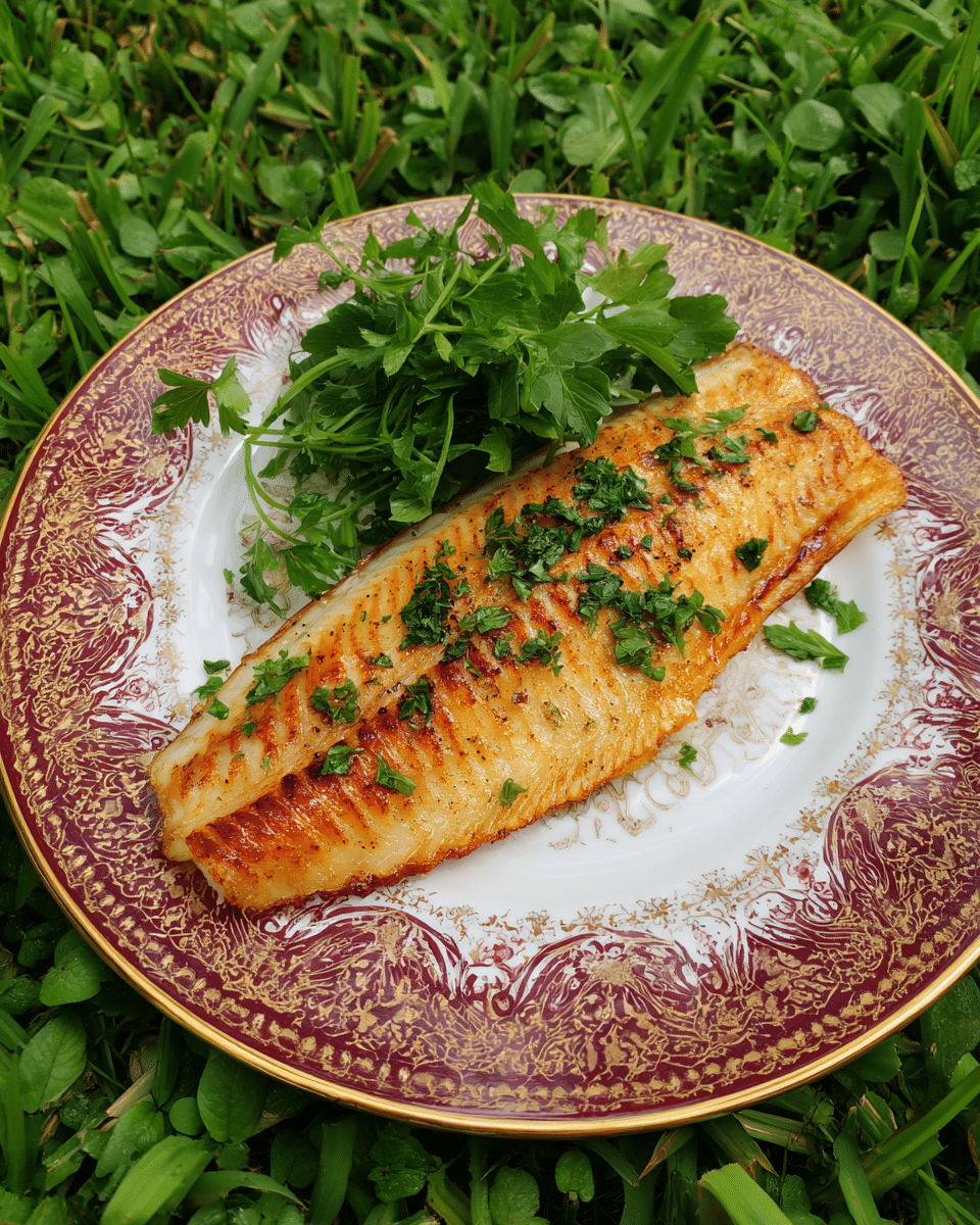 A single large, golden-brown cooked fish fillet rests on a white plate with an ornate burgundy and gold patterned rim. A small bunch of fresh, bright green parsley is placed near the top center of the fillet. The plate is set against a background of green grass. photo taken with an iphone --ar 4:5 --v 7