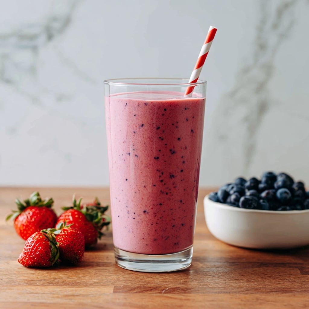 Two tall clear glasses filled to the top with thick, bright pink-red smoothie made from berries. Each glass holds a red and white striped straw standing upright. The close glass on the right shows the smooth but slightly grainy texture of the smoothie, with tiny darker specks inside. Behind the glasses, there is a white marbled surface with a wooden board holding fresh bright red strawberries and raspberries. A white cloth with soft folds lies on the left side of the wooden board. The background is bright and white, making the vibrant colors stand out. photo taken with an iphone --ar 4:5 --v 7