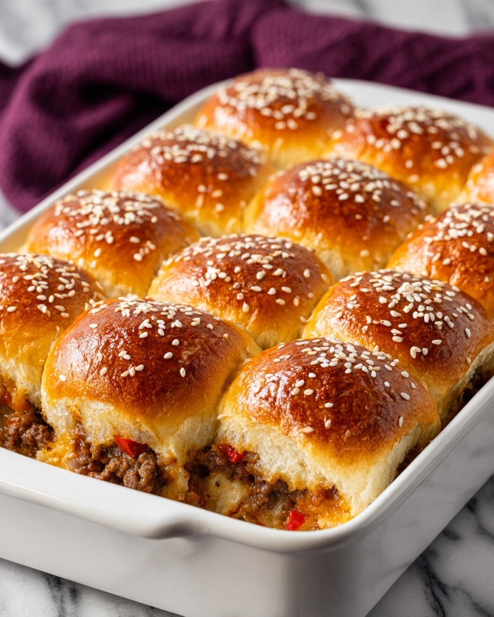 The image shows a white rectangular baking dish filled with a set of nine golden brown slider buns arranged in three rows and three columns. Each bun is topped with white sesame seeds and has a shiny, glazed surface. The bottom of the buns reveals layers of melted shredded cheese, cooked ground meat, and some small pieces of what looks like red pepper. The buns are fluffy and slightly touching each other with soft, smooth textures on top. The dish is placed on a white marbled surface with a blurred purple cloth in the background. Photo taken with an iphone --ar 4:5 --v 7