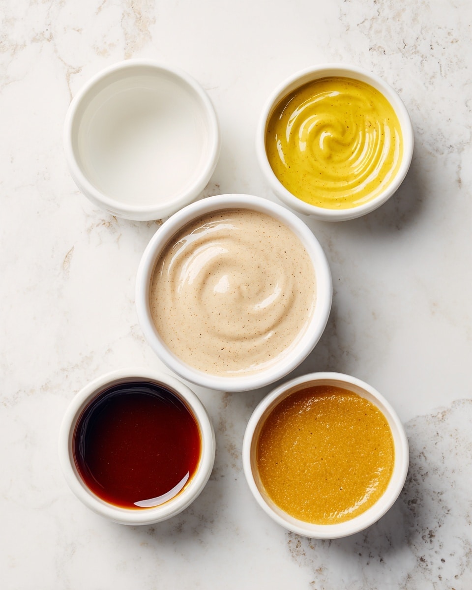 Five small white bowls are arranged on a white marbled surface. The center bowl holds a light beige, creamy texture with a soft swirl. The top left bowl is empty or contains a clear liquid, showing the white inside of the bowl. The top right bowl has smooth, bright yellow mustard. The bottom left bowl contains a shiny, dark reddish-brown sauce that looks thick. The bottom right bowl holds a golden orange sauce with a slightly thick, glossy texture. photo taken with an iphone --ar 4:5 --v 7