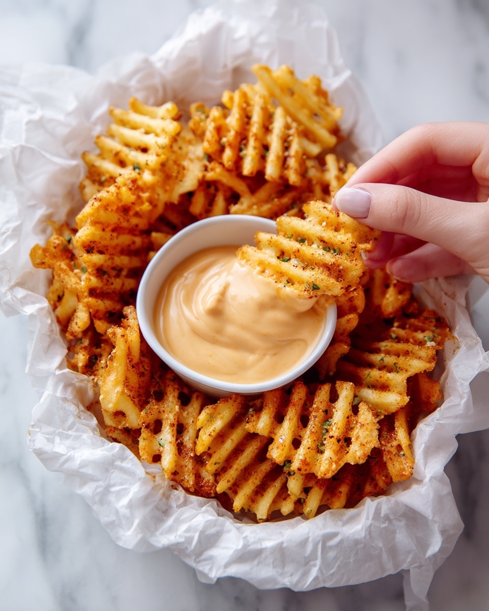 The image shows a white round basket lined with white crumpled paper filled with crispy, golden brown waffle fries with a seasoned, slightly rough texture. In the center of the basket, there is a small white round bowl filled with creamy, light orange dipping sauce. A woman's hand is holding one waffle fry, dipping it lightly into the sauce. The white marbled surface in the background adds brightness to the scene. photo taken with an iphone --ar 4:5 --v 7