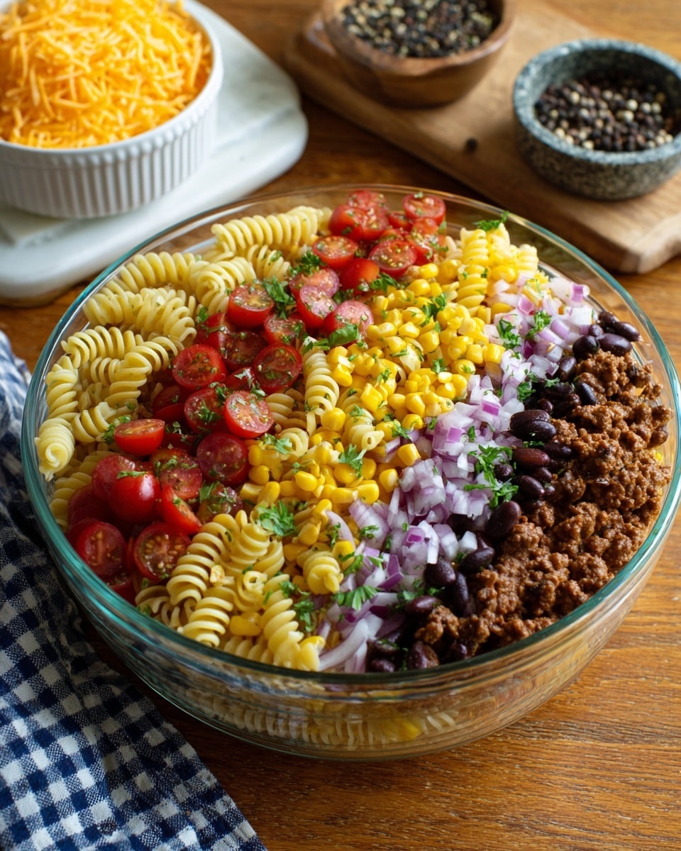 A clear glass bowl sits on a white marbled surface, filled with seven distinct ingredients arranged in separate sections. One section contains cooked ground beef of a brown color and crumbly texture, next to bright red halved cherry tomatoes. Another section holds dark black beans with a shiny surface. Yellow corn kernels fill the next section, followed by small green diced pickles. Purple diced onions are placed beside chopped green jalapeños, and in the middle, there is a small bunch of fresh green cilantro leaves. To the left of the bowl, there is a white bowl with shredded orange cheddar cheese, and a checkered blue and white cloth is partly visible. To the right, a wooden board holds a stone mortar with mixed peppercorns and a small white container with coarse white salt. Some green fresh herbs lie nearby. Photo taken with an iphone --ar 4:5 --v 7