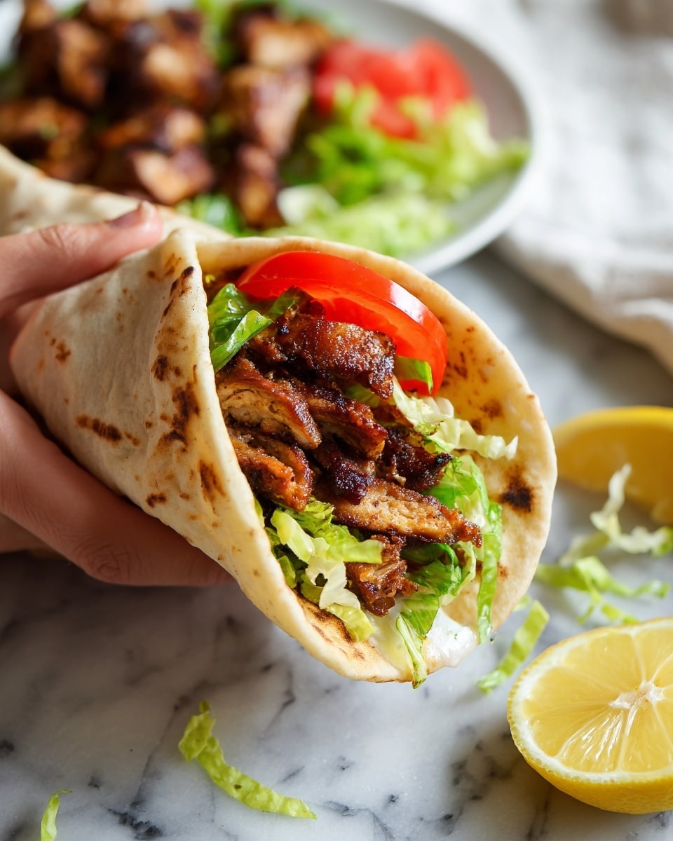 A close-up view of a soft, folded flatbread wrap held by a woman's hand, filled with layers of grilled, dark brown chicken pieces showing char marks, topped with green lettuce and thick red tomato slices. The flatbread is slightly browned and soft in texture, wrapped around the filling so the inside is visible. In the background, a white plate sits on a white marbled surface, holding more pieces of grilled chicken, slices of tomato, and a lemon wedge. Some shredded lettuce is scattered across the surface. photo taken with an iphone --ar 4:5 --v 7