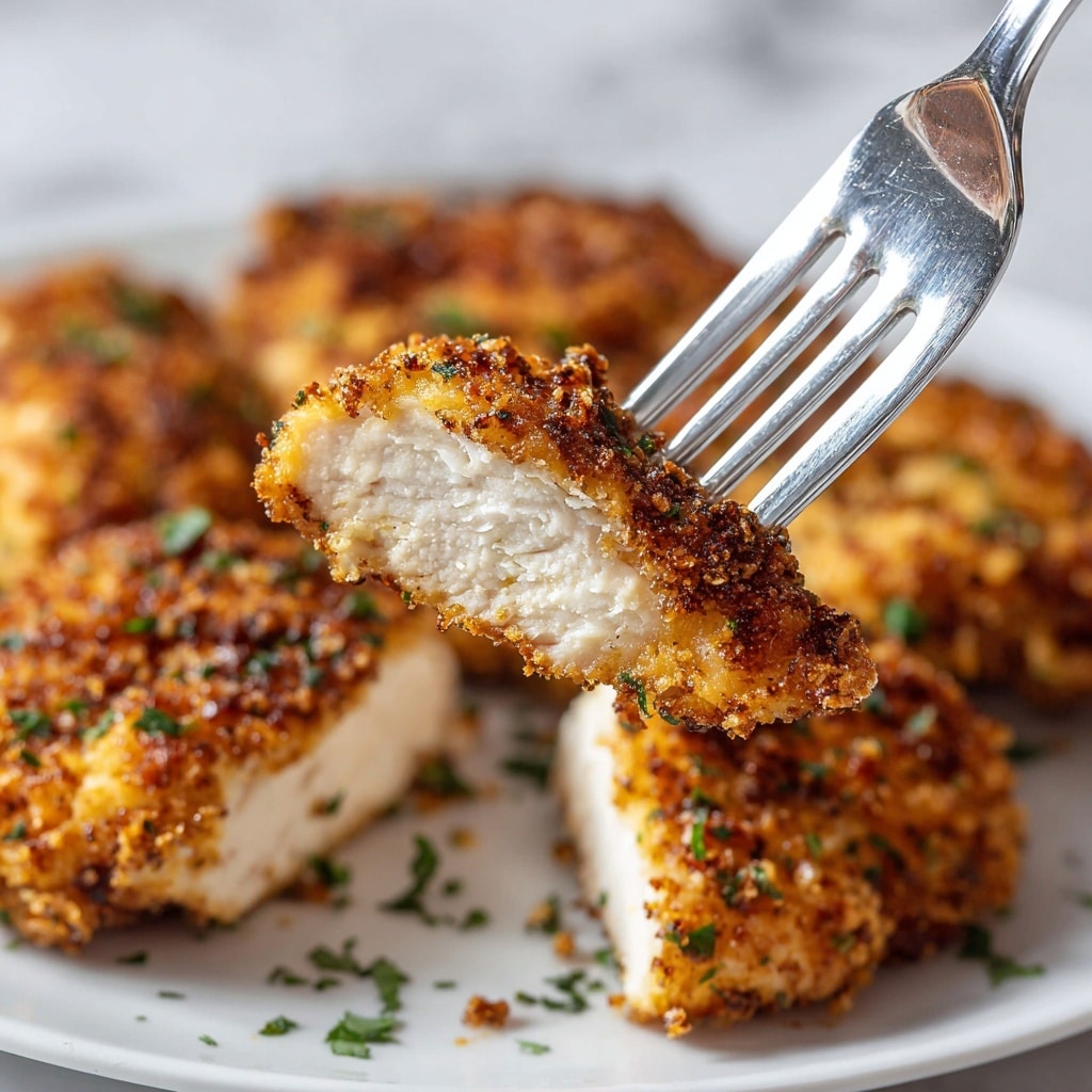 A close-up of a silver fork holding a piece of fried chicken with a golden-brown crispy coating on the outside and white, tender meat inside. In the blurry background, there are more pieces of fried chicken lying on a white plate with small green herb bits sprinkled on top. The surface below the plate is white with a marbled texture. photo taken with an iphone --ar 4:5 --v 7