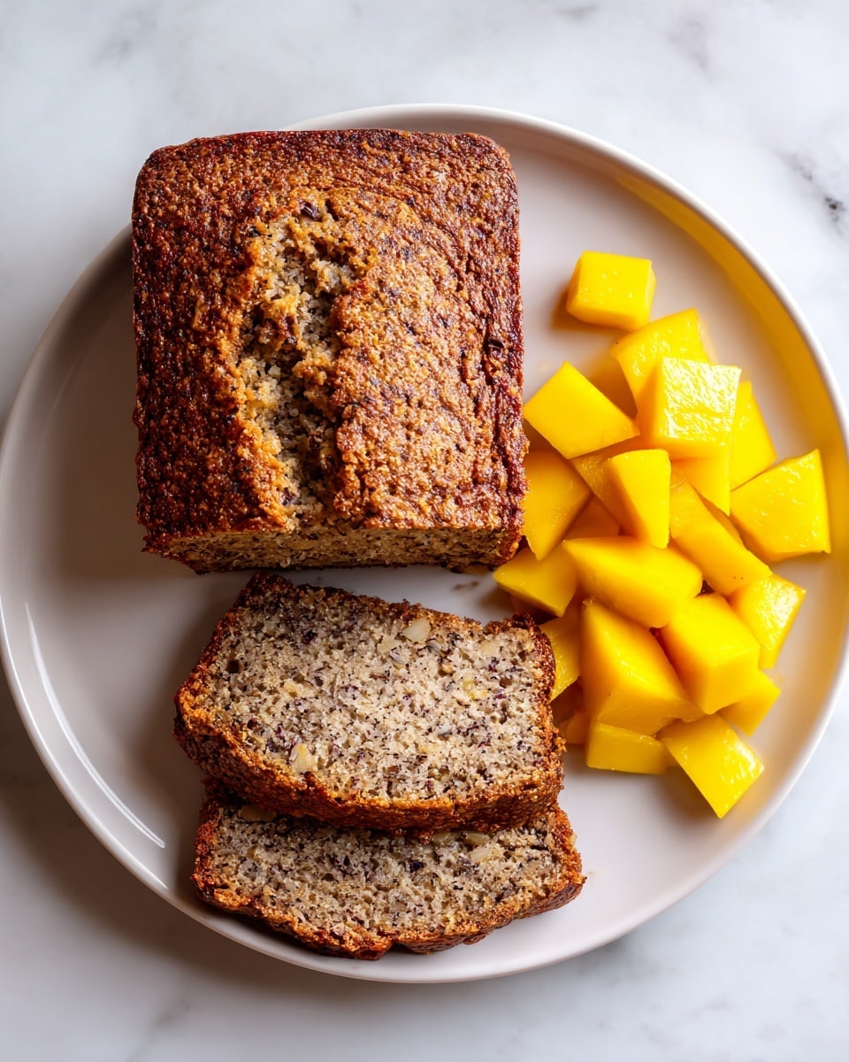 A loaf of brown banana nut bread with small dark nut pieces visible inside is placed on a white plate, with two thick slices cut and laid flat in front of the remaining loaf. Bright yellow mango chunks are scattered around the bread pieces on the plate. The bread has a rough, textured crust with a moist and dense inside showing crumbly bits. The plate sits on a white marbled surface. Photo taken with an iphone --ar 4:5 --v 7