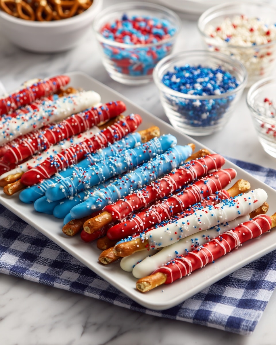 The image shows a white rectangular plate filled with many pretzel sticks that are dipped in layers of red, white, and blue coating. Each pretzel stick has one base layer of solid red, white, or blue color, then is decorated with thin drizzles of contrasting colors on top, creating a striped effect. Small round and star-shaped sprinkles in red, white, and blue cover each pretzel, adding texture and color contrast. The plate sits on a white marbled surface, and in the background, there are three clear glass bowls with more colorful sprinkles. A blue and white checked cloth is also visible near the sprinkles bowls. photo taken with an iphone --ar 4:5 --v 7