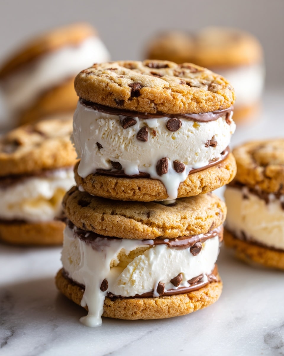 The image shows several stacked ice cream sandwiches made of two golden brown chocolate chip cookies with chilled vanilla ice cream in the middle layer. The cookies have a soft texture with visible chocolate chips scattered on top and within. The ice cream appears creamy and slightly melting, with some dripping down the edges of the bottom cookies. The background and surface are white marble, creating a clean and bright scene. The focus is close-up, highlighting the thick layers and textures of each sandwich, with more sandwiches blurred in the background. photo taken with an iphone --ar 4:5 --v 7