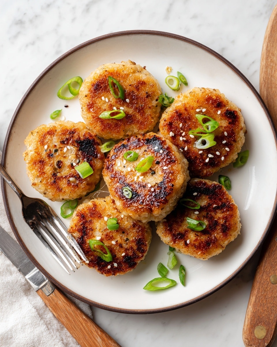 The image shows a white round plate with a dark brown rim holding six golden brown patties with a crispy texture. Each patty is topped with small green slices of scallions and a few white sesame seeds, adding color contrast. The patties have a slightly rough surface and look freshly cooked. The white plate is placed on a white marbled surface with a wooden-handled knife and fork beside it, creating a warm and simple setting. Photo taken with an iphone --ar 4:5 --v 7
