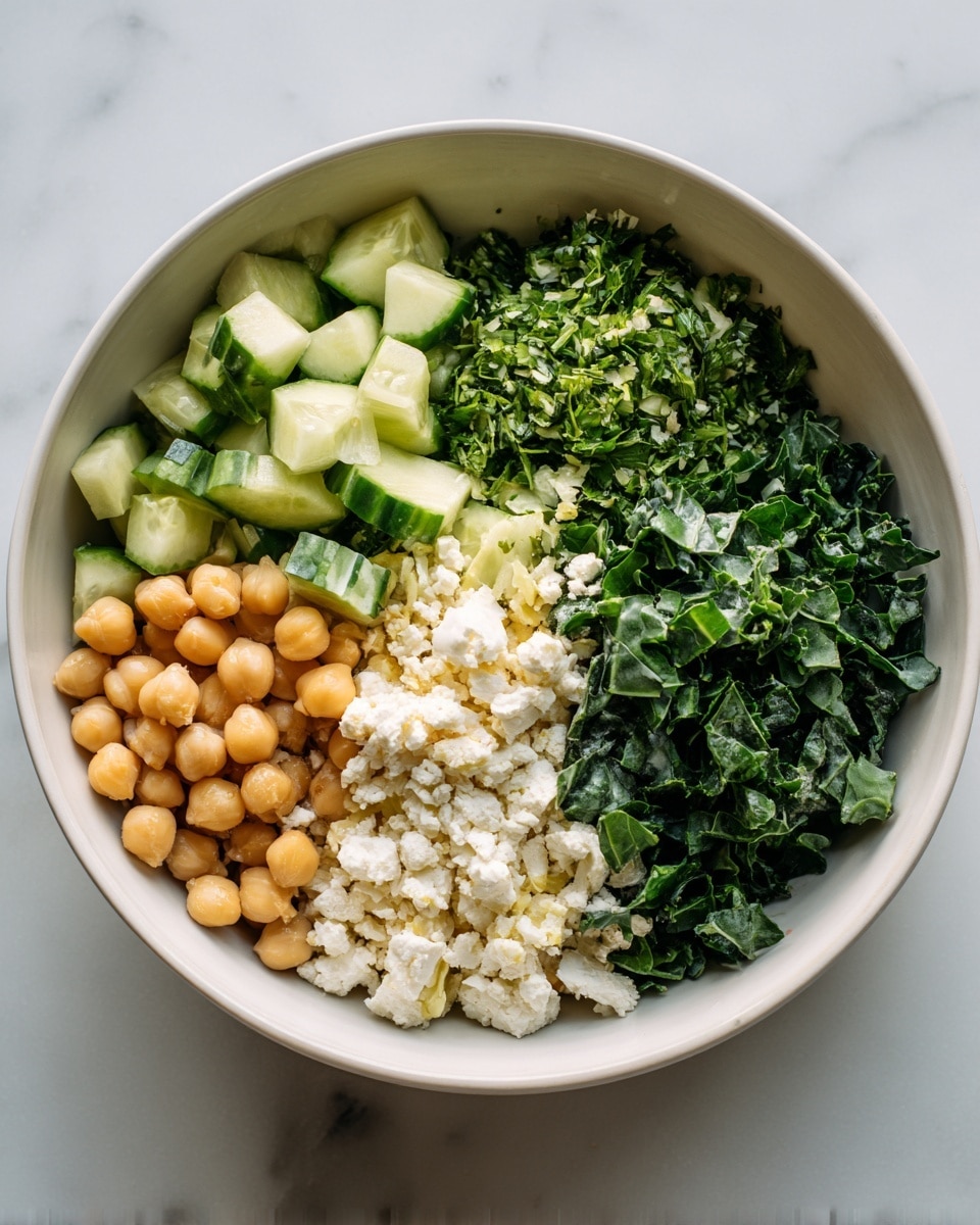 A white bowl with five layers arranged in separate sections, sitting on a white marbled surface: light brown chickpeas at the bottom left, finely chopped green herbs above the chickpeas, medium green cucumber chunks at the top left, dark green chopped kale or similar leafy vegetable takes up the right side, and a pile of crumbly white cheese sits in the middle, partially on the kale. The ingredients have fresh and natural textures. photo taken with an iphone --ar 4:5 --v 7
