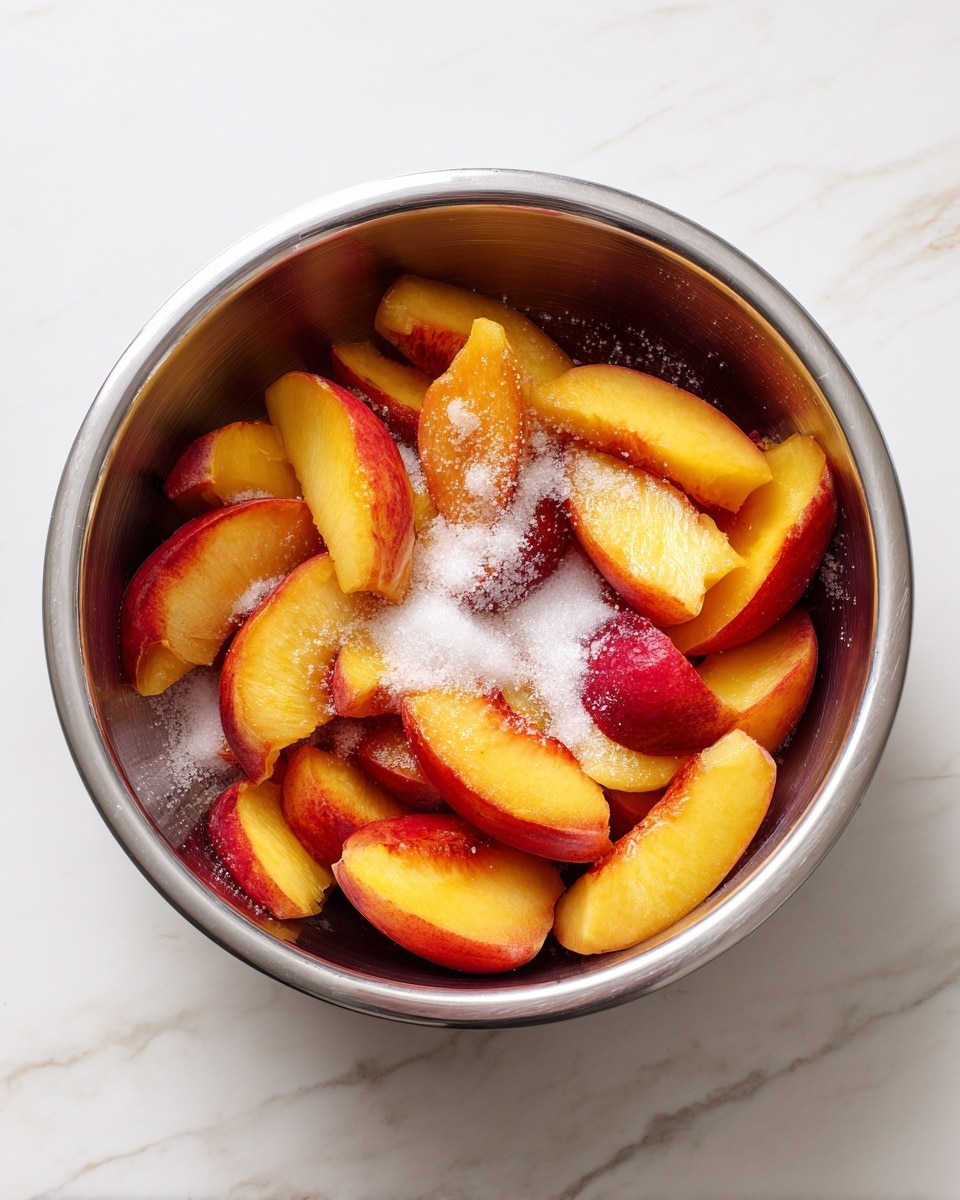 Inside a silver metal bowl on a white marbled surface, there are many slices of peach showing orange and reddish skin colors. On top of the peach slices, there is a light sprinkle of white granulated sugar. The bowl is filled about halfway with the fruit and sugar mixture, and the inside of the bowl has a smooth, reflective texture. photo taken with an iphone --ar 4:5 --v 7
