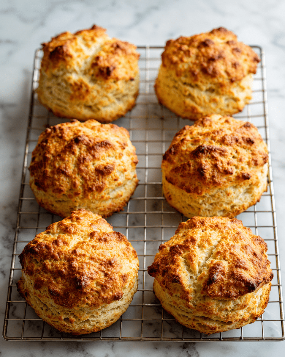 The image shows six golden brown scones with a rough, crumbly texture sitting on a metal cooling rack. The scones are round with uneven, jagged tops that are slightly darker brown in some spots, giving them a freshly baked look. The background is a white marbled surface that frames the scene softly. The scones are spaced evenly apart on the rack, showing their well-risen, fluffy interiors. photo taken with an iphone --ar 4:5 --v 7