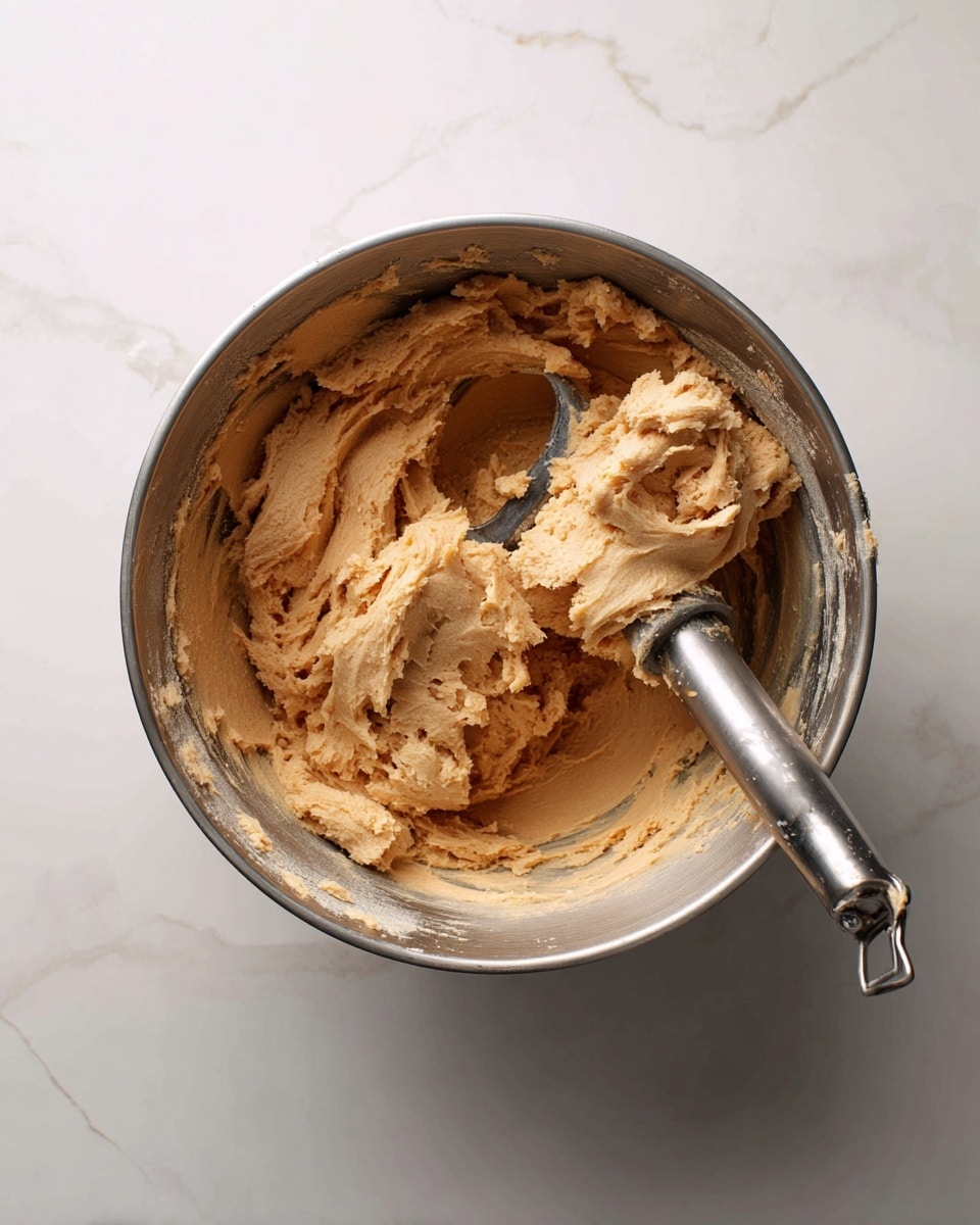 A metal mixing bowl filled with smooth, light brown cookie dough that has a fluffy texture, with a metal paddle attachment partly covered in dough resting inside. The bowl is placed on a white marbled surface. photo taken with an iphone --ar 4:5 --v 7