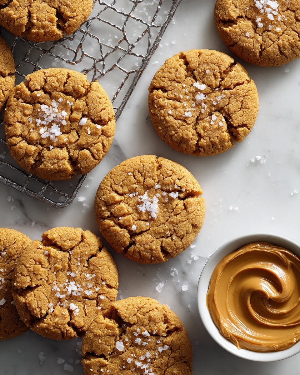 Several round, golden brown cookies with cracked, textured tops and light sprinklings of salt are laid out on a white marbled surface and a metal cooling rack. In the lower right, there is a small white bowl filled with smooth, creamy light brown peanut butter. The cookies appear soft and slightly crumbly with a rough surface. photo taken with an iphone --ar 4:5 --v 7