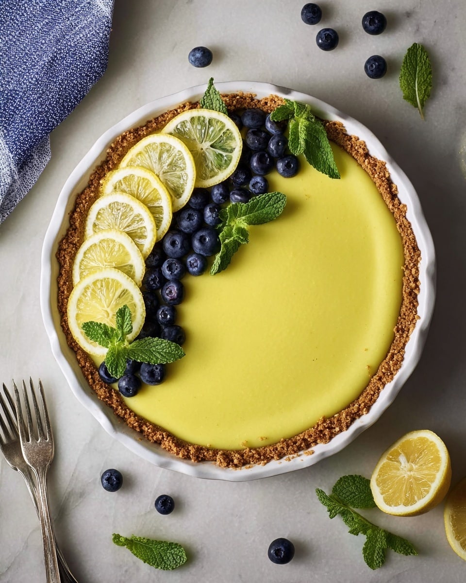 A lemon tart with three main layers is shown in a white fluted tart dish on a white marbled surface. The bottom layer is a crumbly light brown crust that holds the smooth middle lemon filling, which is bright yellow and creamy. On top of the lemon layer, there are five thin lemon slices arranged in a semi-circle, decorated with small clusters of dark blue blueberries and fresh green mint leaves spread evenly. One slice of the tart is taken out, showing the clean edges between the crust and filling. The photo was taken with an iphone --ar 4:5 --v 7