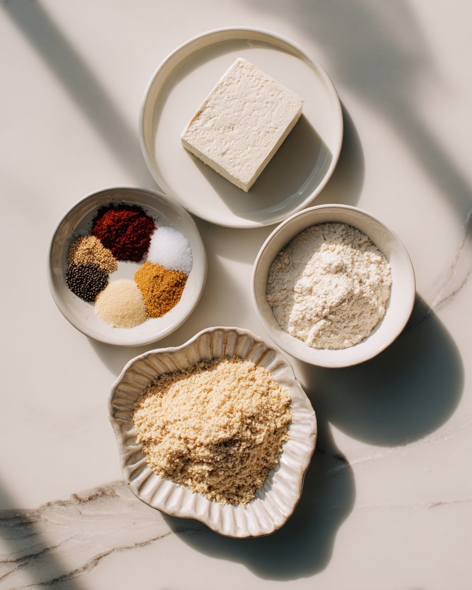The image shows four white bowls and plates arranged on a white marbled surface. At the top left, a square block of smooth, white silken tofu rests on a white plate. To the right, a small white bowl is filled with light, powdery flour. Below, a white bowl with a wavy edge holds a thick layer of pale, coarse breadcrumbs. To the left, another white bowl contains an assortment of colorful spices carefully separated into small piles: light brown, yellow, white salt, dark pepper, and deep red spices. The setup is neat and minimal, with soft natural lighting highlighting the textures and colors. Photo taken with an iphone --ar 4:5 --v 7
