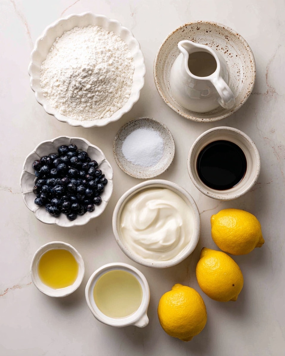 A top-down view shows nine separate ingredients placed on a white marbled surface. Starting from the top left, there is a white scalloped bowl filled with white flour, next to it slightly right a white textured pitcher with soy milk. Below the flour bowl is a white bowl with granulated sugar, and to its right a small round bowl filled with dark blue blueberries. Above the blueberries is a white speckled dish with white baking powder. To the right of the sugar bowl is a white round bowl with smooth soy yogurt. Below those bowls, a white bowl holds pale yellow neutral oil, beside it to the left is a small ceramic cup with vanilla extract, and on the bottom right are two yellow lemons next to a label for lemon juice and lemon zest. The arrangement is neat and well spaced, with natural light highlighting the fresh textures and colors of the ingredients photo taken with an iphone --ar 4:5 --v 7