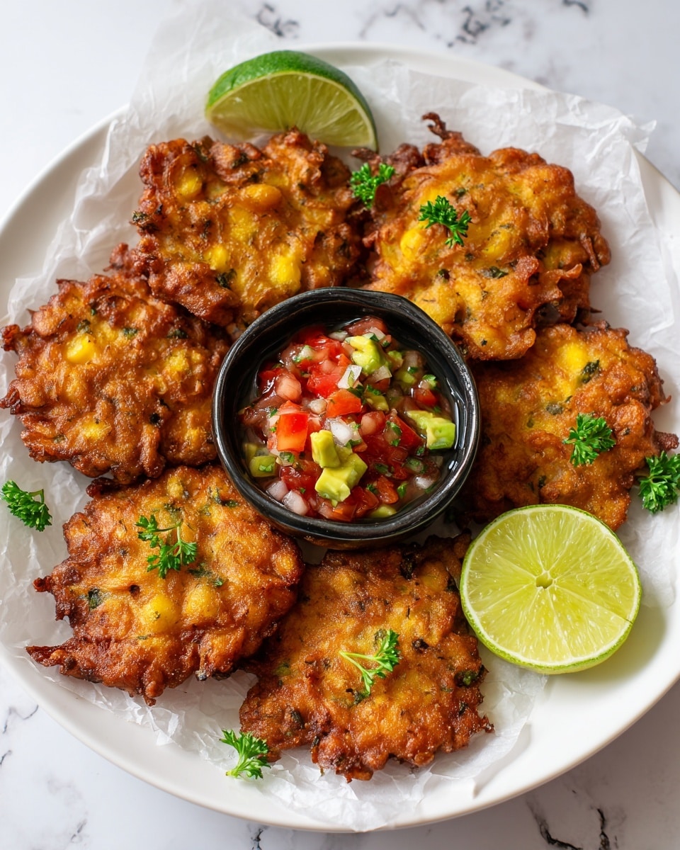 A white plate lined with white parchment paper holds seven golden brown fritters, each showing a crispy, uneven texture with small bits visible inside. The fritters are garnished with small sprigs of green parsley. In the center of the plate, there is a small dark bowl filled with chunky salsa made of diced red tomatoes, green avocado, white onions, and hints of herbs. Around the bowl, there are three bright yellow lime wedges. The plate is set on a white marbled surface. Photo taken with an iphone --ar 4:5 --v 7