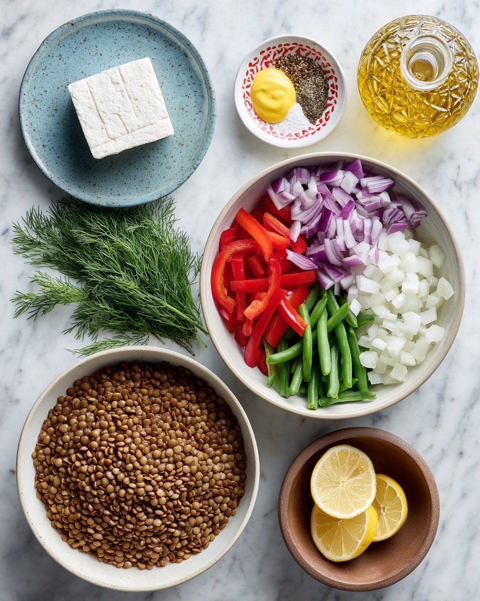 The image shows a collection of ingredients arranged on a white marbled surface. In the center, there is a white bowl filled with chopped red bell pepper, chopped red onion, and cut green beans, each occupying separate sections of the bowl. Below it, a larger white bowl contains cooked brown lentils filling it fully. On the left, a small brown bowl holds fresh dill sprigs. Above it, a small white dish contains a yellow dollop of dijon mustard. Near the top left, a blue speckled plate has a solid white block of feta cheese. At the top center, a small white bowl with red and green accents holds a few spices including black pepper, salt, and ground cumin. To the top right, a clear glass bottle with a textured surface contains golden yellow olive oil. At the bottom right, a small brown bowl holds two lemon halves. All items are neatly arranged with clear visibility of each ingredient. photo taken with an iphone --ar 4:5 --v 7