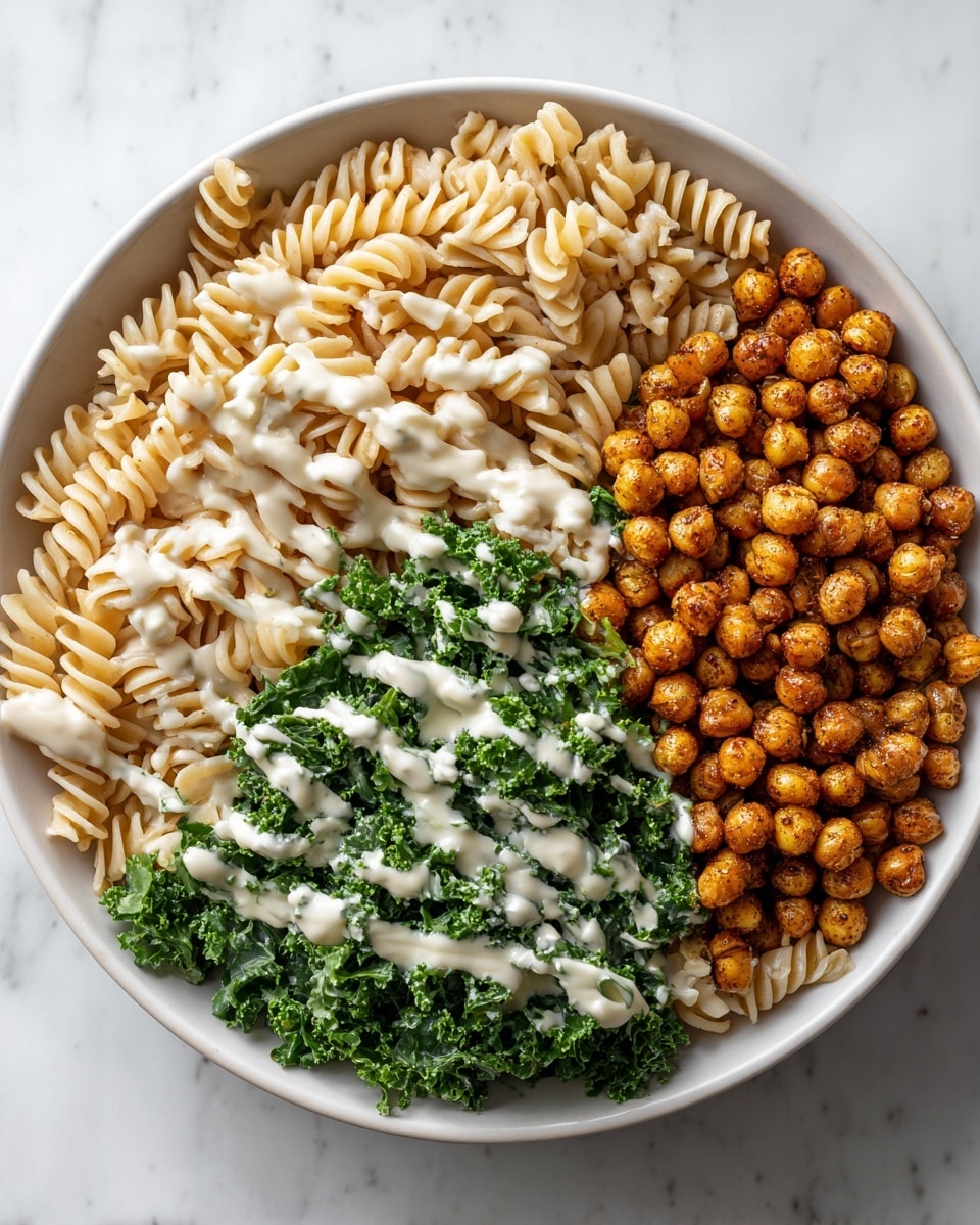 A large white bowl holds three main layers side by side: on the left, pale beige spiral pasta with a smooth texture; in the center, bright green chopped kale with a fresh, leafy texture; on the right, golden brown roasted chickpeas with a slightly crispy look. Each part is drizzled with a light creamy white sauce that stands out against the colors of the pasta, kale, and chickpeas. The bowl sits on a white marbled surface. Photo taken with an iphone --ar 4:5 --v 7