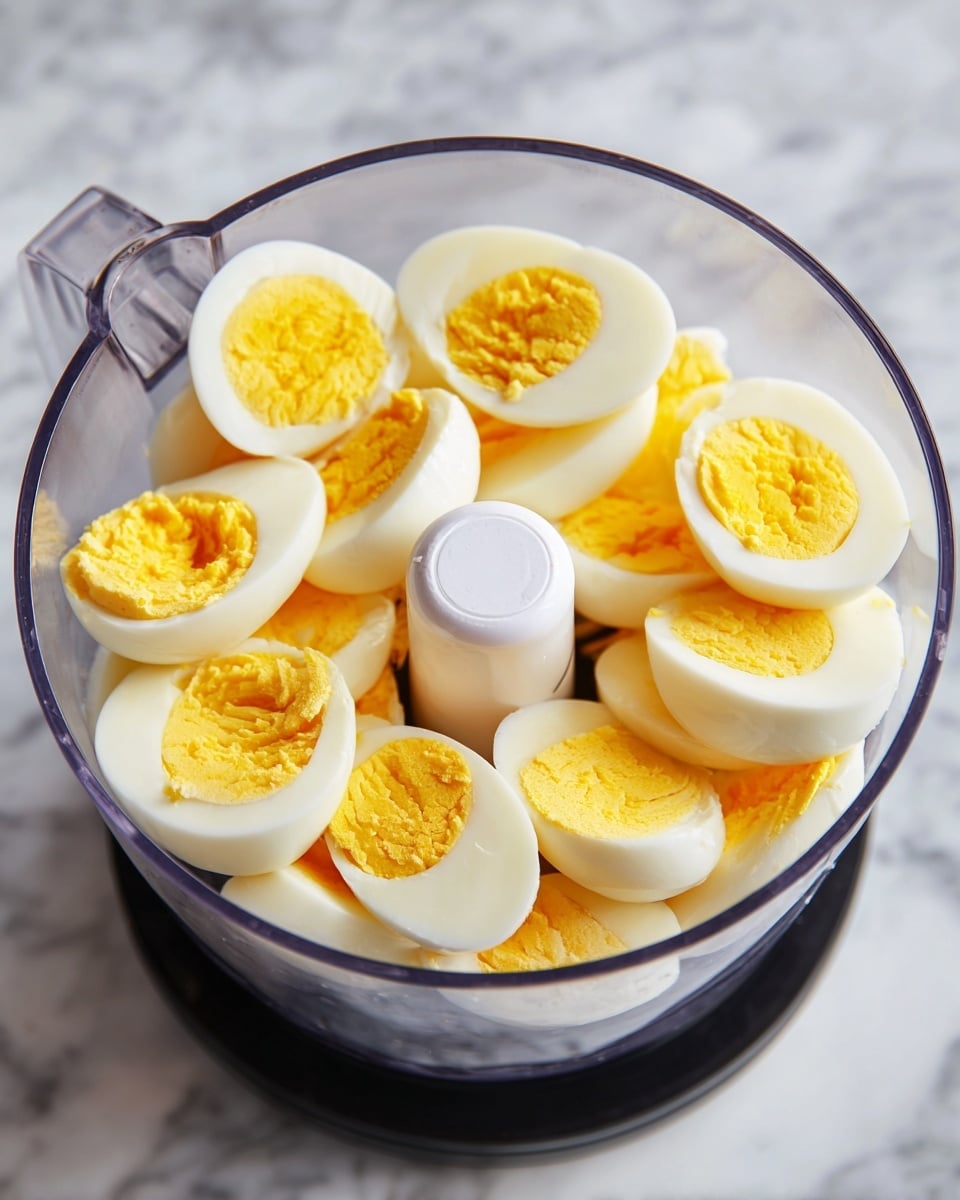 The image shows a clear food processor bowl filled with several hard-boiled eggs, each sliced in half, revealing bright yellow yolks centered in smooth white egg whites. The eggs are arranged around the white center blade of the food processor, which sits on a black base. The background is a white marbled texture. photo taken with an iphone --ar 4:5 --v 7