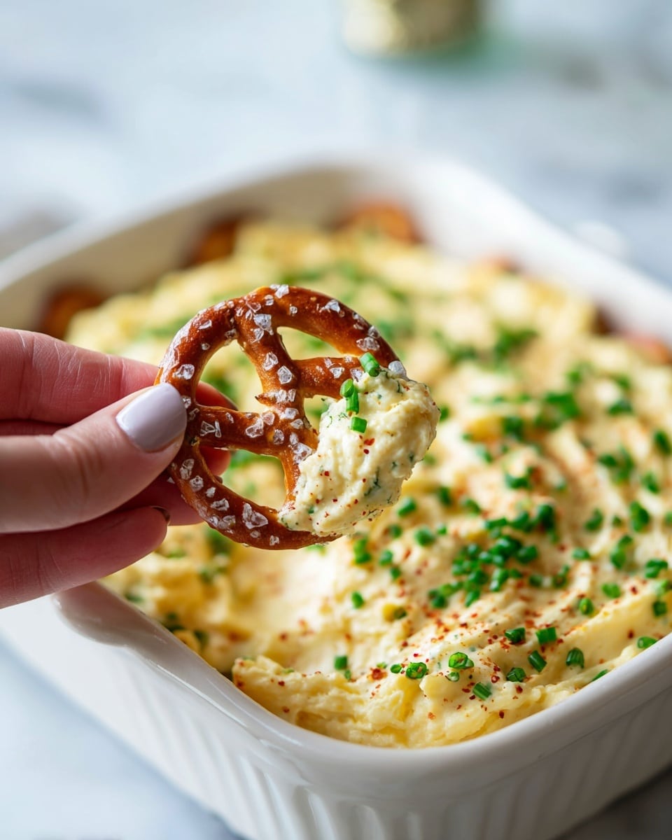 A close-up shows a woman's hand holding a golden brown pretzel chip with visible salt crystals, dipped in a creamy, light yellow spread that has a smooth and slightly fluffy texture. The spread is sprinkled with small green chive pieces and a light dusting of red spice. In the background, there is a white baking dish filled with the same creamy spread, topped with a few scattered chive pieces, positioned on a white marbled surface. Photo taken with an iphone --ar 4:5 --v 7