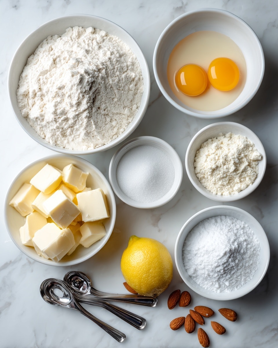 The image shows several white bowls arranged on a white marbled surface, each filled with a different baking ingredient. Starting from the top left, there is a large white bowl filled with all-purpose flour, appearing fluffy and white. To its right, a smaller white bowl contains two raw eggs with bright yellow yolks visible in the clear whites. Below the eggs is a white bowl filled with cubes of pale yellow butter. In the center, two small white bowls hold white powders; the top one is baking powder with a fine texture, and the bottom one is salt with a slightly coarse texture. Below the flour bowl to the left, there is another white bowl filled with granulated white sugar, smooth and fine. In front of the sugar bowl is a halved lemon showing bright yellow rind and juicy pale yellow flesh. Near the lemon, there are four metal measuring spoons placed fanned out on the surface along with a few scattered almonds. The overall arrangement is neat, with a clean, bright atmosphere. photo taken with an iphone --ar 4:5 --v 7