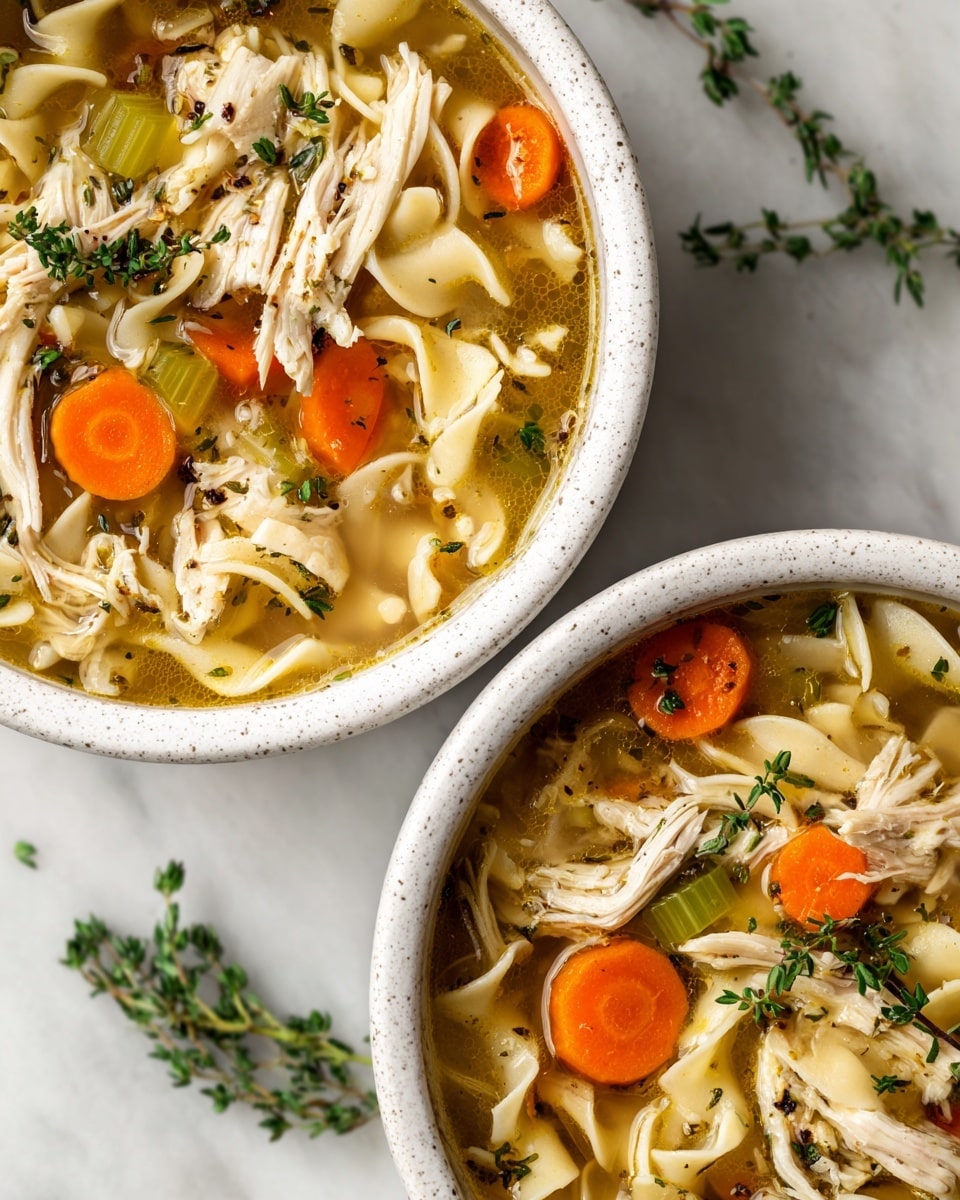 A close-up view of two white speckled bowls filled with clear chicken noodle soup, showing layers of shredded white chicken meat, orange carrot chunks, small pieces of light green celery, and wide flat noodles submerged in golden broth, garnished with fresh green thyme sprigs scattered on top and around the bowls, placed on a white marbled surface photo taken with an iphone --ar 4:5 --v 7
