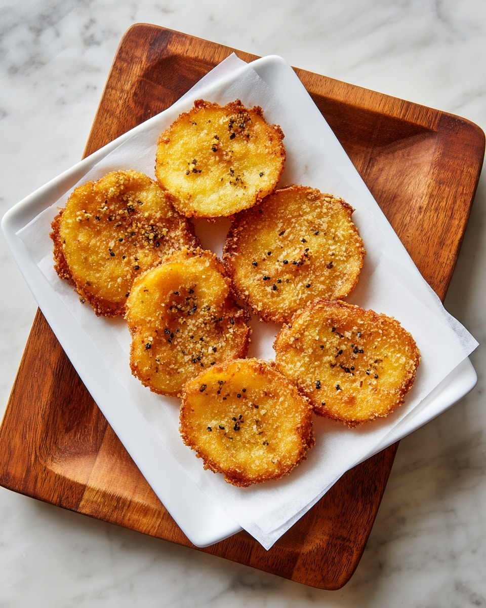 A white square plate holds six pieces of golden fried rounds arranged in two uneven rows, laid on a sheet of white paper; the fried rounds are thick with a crunchy textured outer layer showing a mix of light and darker golden browns with some small black specks, and inside is a soft pale yellow center visible in some pieces. The plate is placed on a wooden board, set against a white marbled surface. photo taken with an iphone --ar 4:5 --v 7