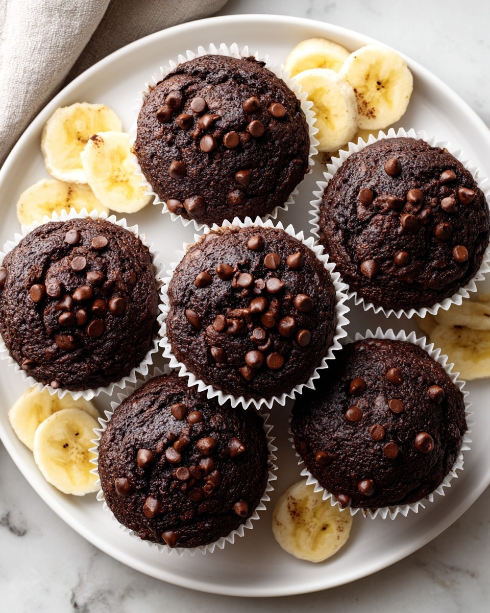 The image shows six dark brown chocolate muffins on a white plate, each topped with small chocolate chips and wrapped in white paper liners. The muffins have a slightly rough texture with visible cracks and chocolate chip clusters on the surface. Around the muffins, there are lightly yellow banana slices with soft texture and small brown spots on a white marbled surface. The photo taken with an iphone --ar 4:5 --v 7