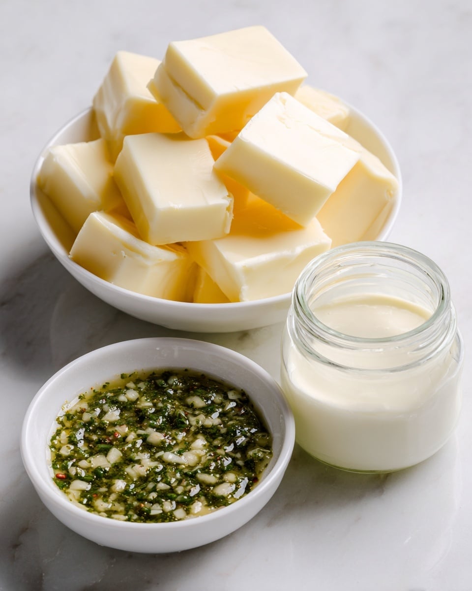 The image shows three white bowls on a white marbled surface. The largest bowl in the back is filled with pale yellow cubes of American cheese, stacked loosely to show their smooth texture and sharp edges. To the right, a small glass jar is filled with creamy white half and half, its surface smooth and glossy. In the front, another small white bowl holds a green salsa verde sauce, which has a slightly chunky texture with visible bits of herbs and seeds. The bowls are arranged in a loose triangle, with each ingredient clearly visible. Photo taken with an iphone --ar 4:5 --v 7