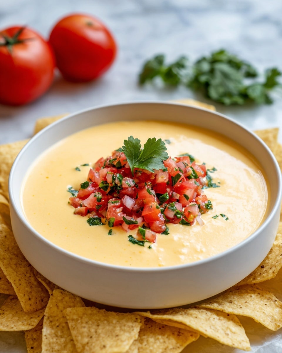 A round white bowl filled mostly with a smooth, creamy pale yellow cheese dip, topped in the center with a small pile of bright red chopped tomatoes mixed with finely chopped green herbs and onions, and garnished with a small green cilantro leaf on top. Surrounding the bowl are light tan tortilla chips placed on a white marbled surface. The background includes a red tomato and some green herbs slightly out of focus. Photo taken with an iphone --ar 4:5 --v 7