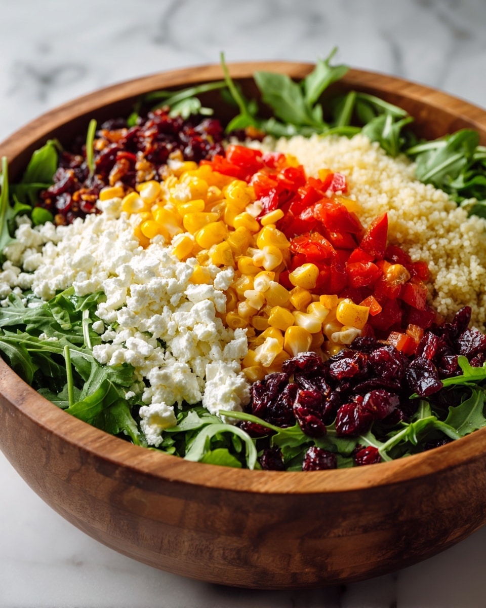 A wooden bowl filled with a colorful salad arranged in six horizontal layers on a bed of green arugula leaves. From bottom to top, the layers are creamy white crumbled cheese, bright red diced bell peppers, pale yellow corn kernels, dark red dried cranberries, and pale yellow couscous or grain. The bowl sits on a white marbled surface. Photo taken with an iphone --ar 4:5 --v 7