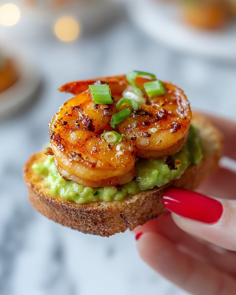 A close-up image shows a small toasted bread piece as the bottom layer, appearing golden brown and crispy. On top of that is a smooth, bright green spread layer of avocado. The main focus is a single, large shrimp that is seasoned and cooked, showing an orange color with dark char marks and small bits of seasoning. The shrimp is slightly curled and topped with small pieces of green onion. A woman's hand with red nail polish is holding the bite-sized piece against a soft out-of-focus background, with a hint of a white marbled surface below. photo taken with an iphone --ar 4:5 --v 7
