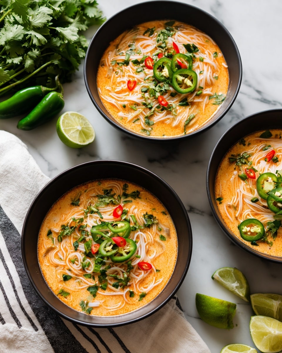 Three black bowls filled with a creamy orange soup form the main focus. Each bowl is filled with white noodles partially submerged in the soup, with slices of green and red chili peppers and chopped green herbs scattered on top. In the background, a bunch of fresh green cilantro rests on a white marbled surface. Near the bowls are whole green chili peppers and halved green limes. A white cloth with black stripes lies under some green chili slices on one side. photo taken with an iphone --ar 4:5 --v 7