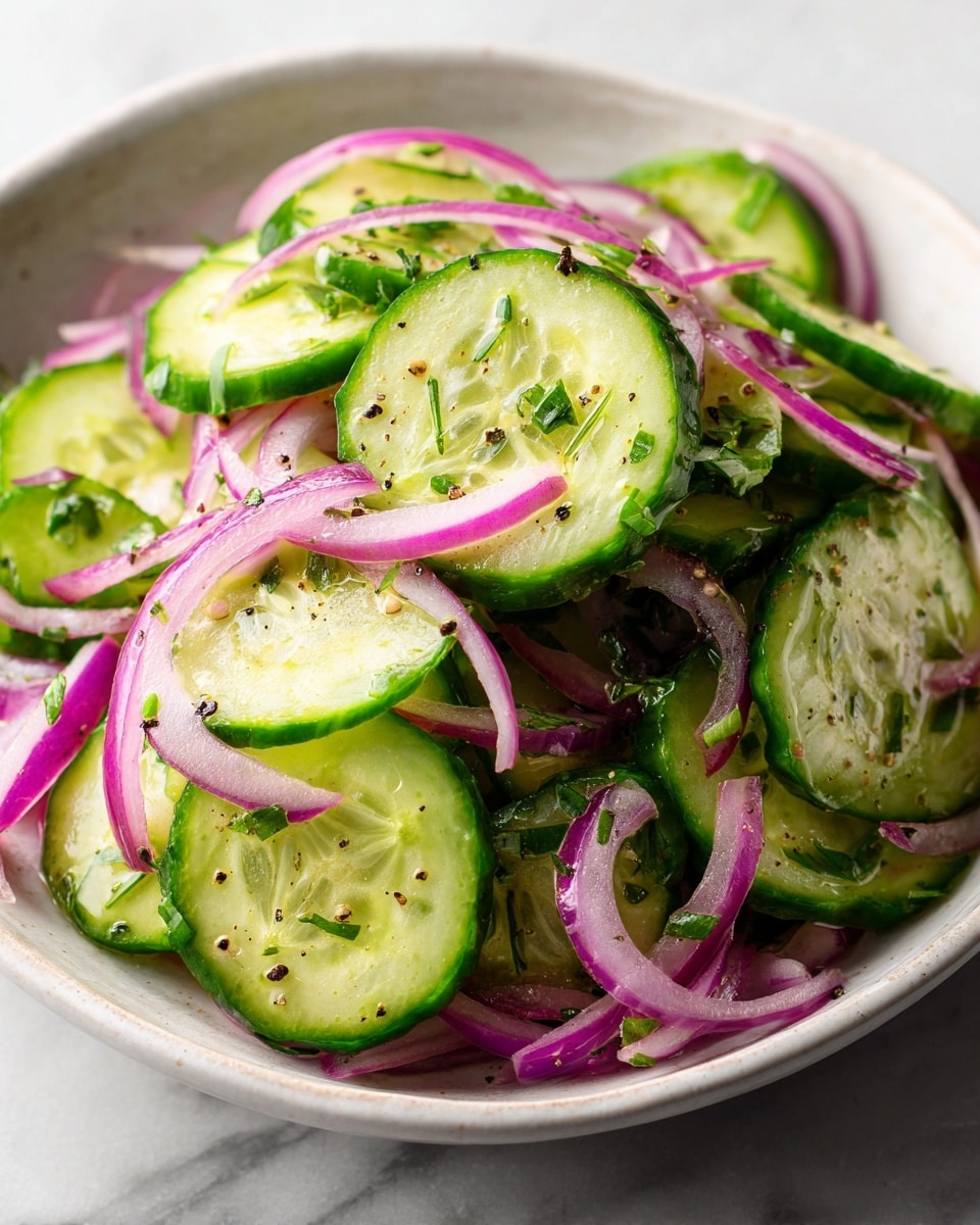 A close-up image of a fresh salad with two main layers: thin round slices of bright green cucumber with a slightly shiny texture, mixed with thin curved strips of purple-red onion. Small bits of green herbs are sprinkled on top, adding texture and color contrast. There are tiny black pepper flakes scattered across the salad, enhancing the natural freshness. The salad rests on a white marbled surface, with no other items or background distractions. Photo taken with an iphone --ar 4:5 --v 7