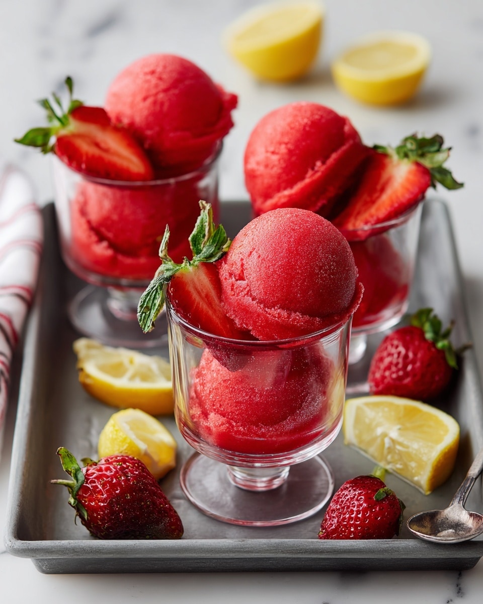 The image shows three clear glass cups placed on a gray tray with three red strawberry sorbet scoops in each cup. The sorbet is smooth and rounded, with a rich red color and slightly frosty texture. Fresh strawberry halves, bright red and juicy with green leaves, are placed both inside the cups next to the sorbet and scattered on the tray. A few lemon wedges with pale yellow peel and light juicy flesh are also on the tray, adding a pop of light color. The whole setting is on a white marbled surface, giving a clean, fresh look. Photo taken with an iphone --ar 4:5 --v 7